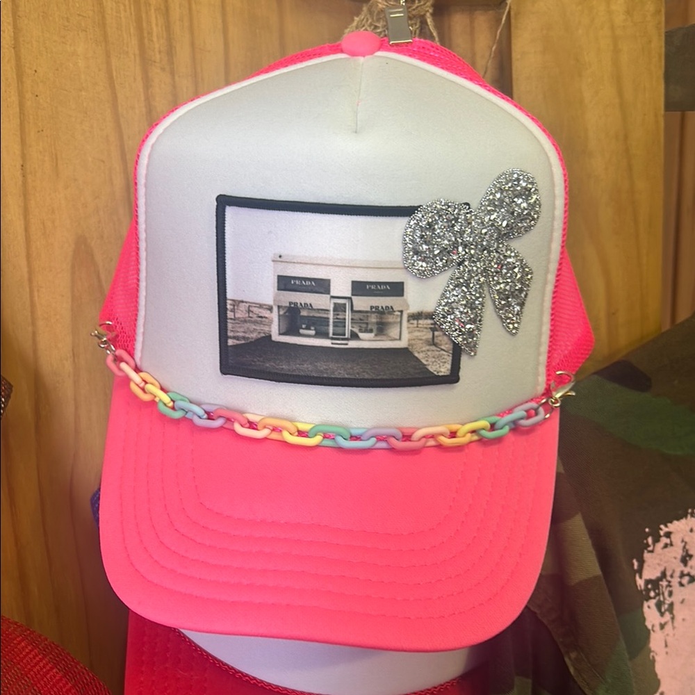 OTTO Pink Trucker Hat with Silver Bow and Multicolor Chain